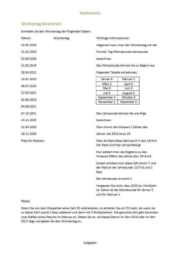 Übungsblätter Wochentag berechnen